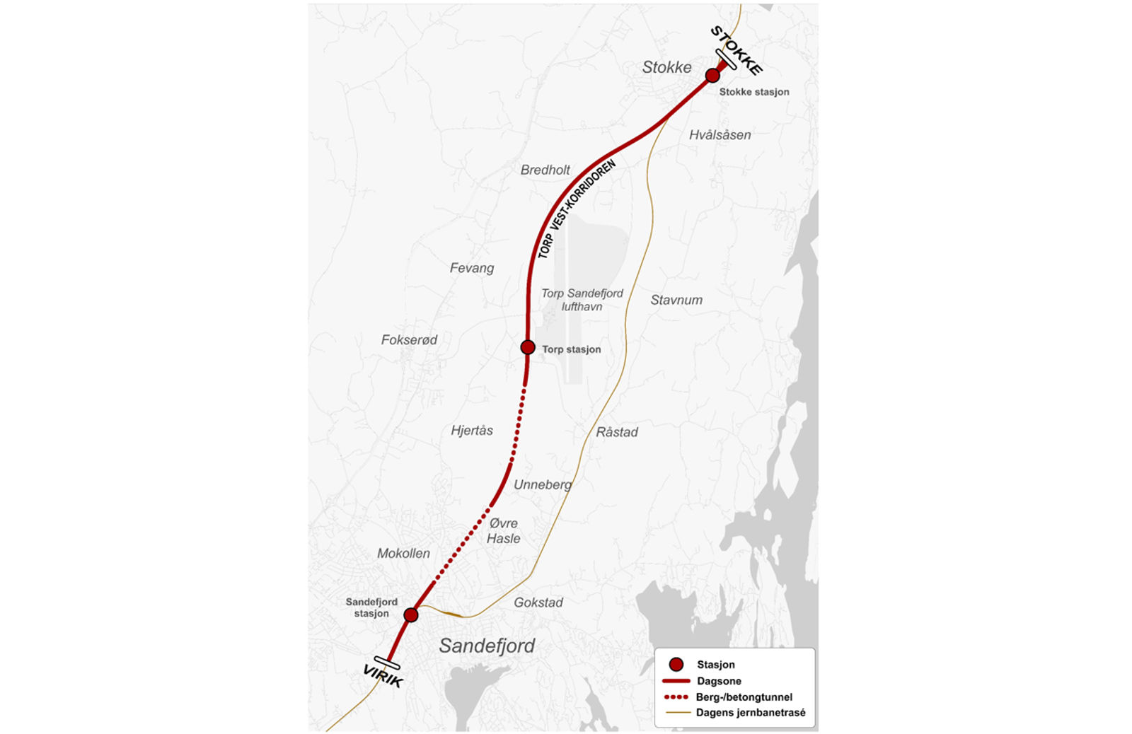 Oversiktskart som viser vedtatt korridor for dobbeltspor