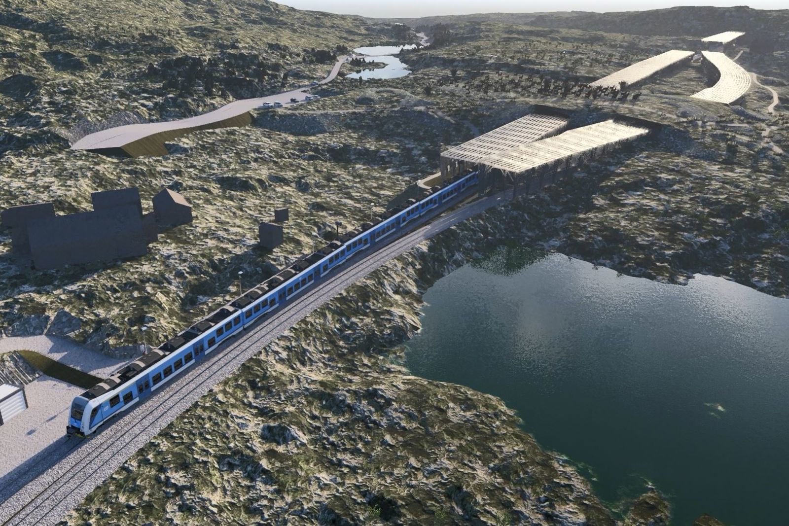 Illustrasjon sett fra luften av nytt spor med viltovergang ved Haugfjell stasjon.