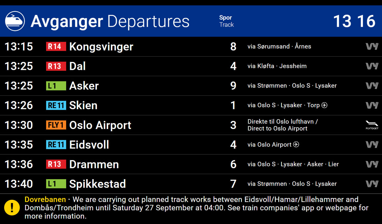 Eksempel på oversikt over togavganger.