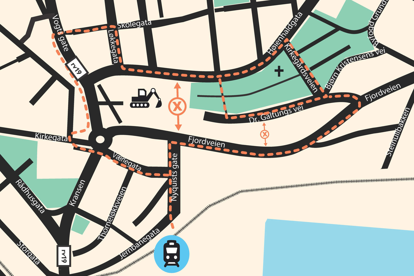 Kart som viser hvilken gangvei som er stengt, og alternative ruter.