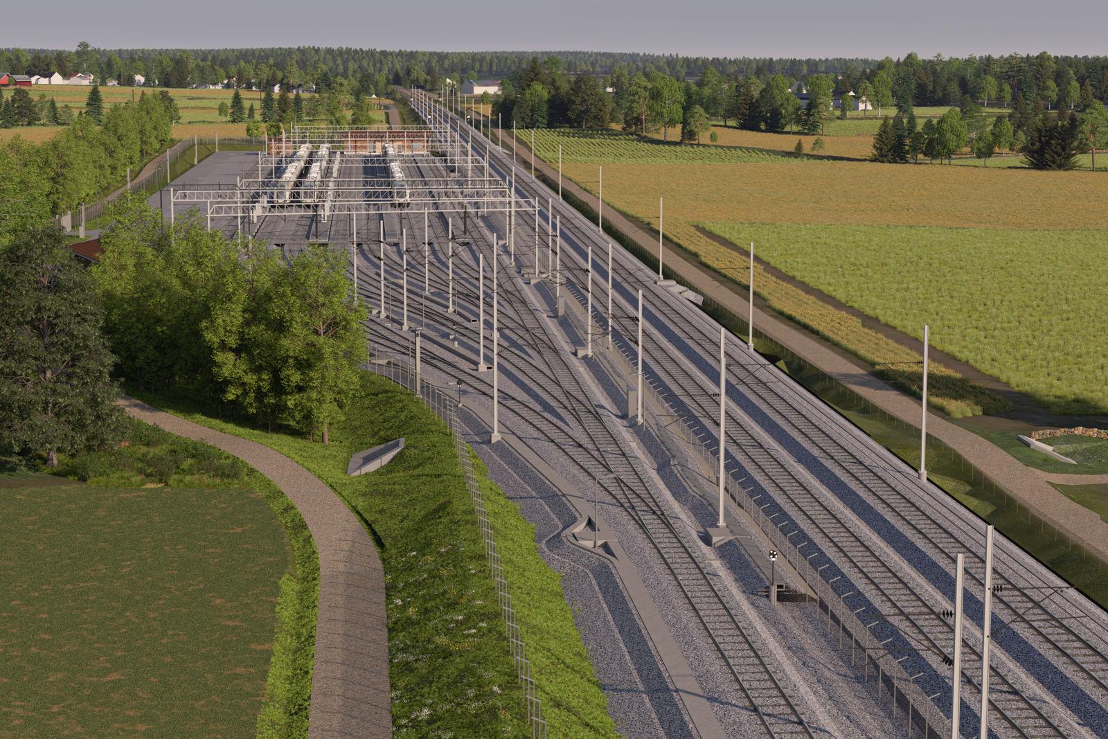 Illustrasjon viser jordbruksområde og skog med toglinje og togparkeringsanlegg.
