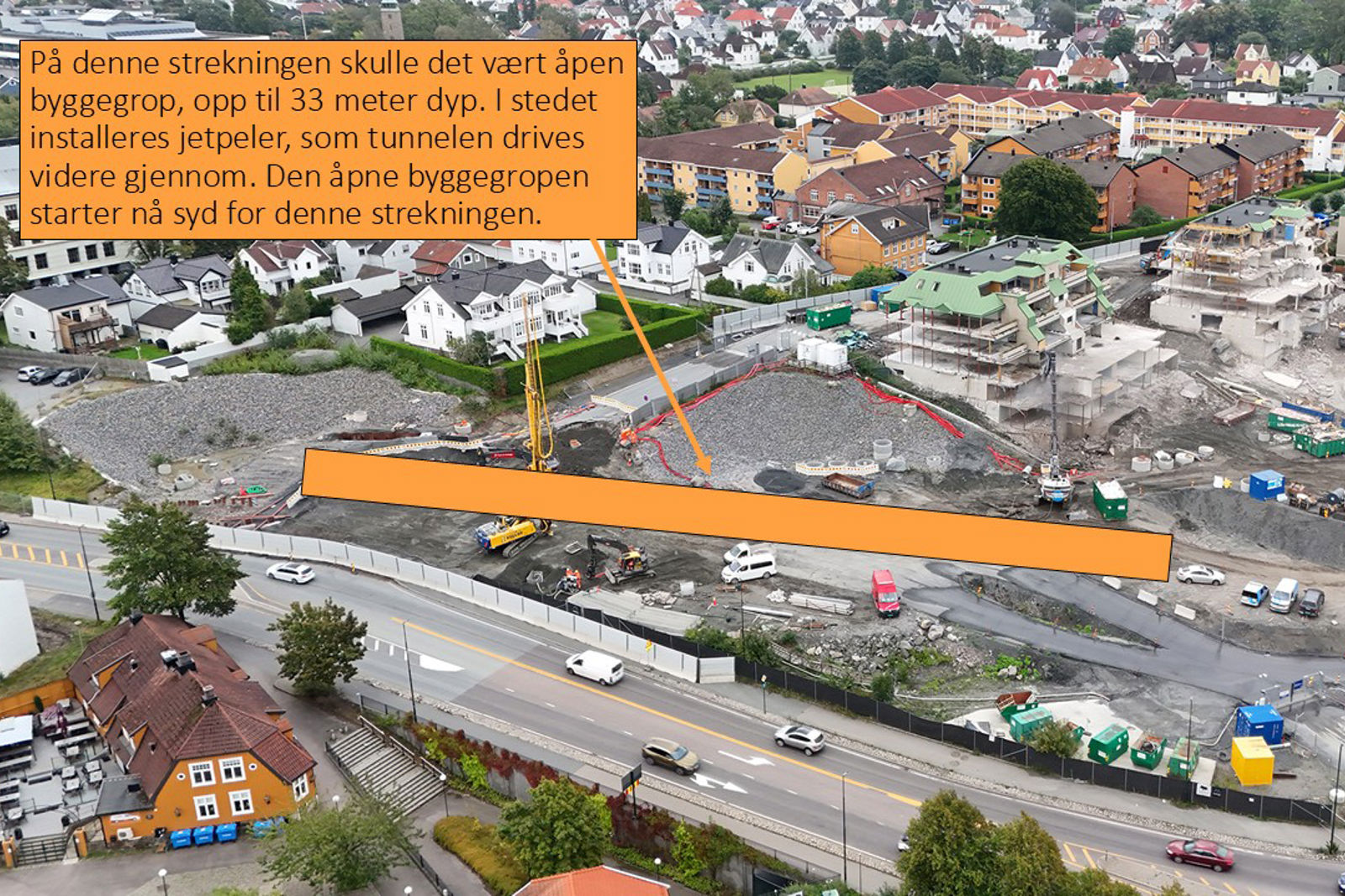 Dronefoto/illustrasjon som viser hvor tunnelforlengelsen kommer.