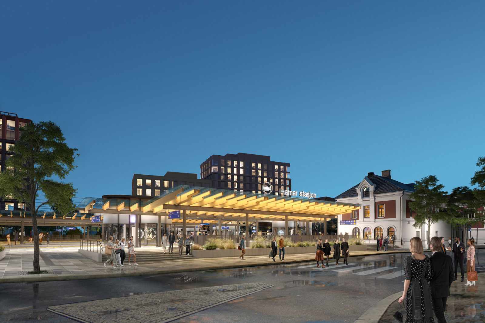 Illustrasjon av hvordan Hamar stasjon kan bli seende ut, samt ny bebyggelse ved Mjøsfronten. 