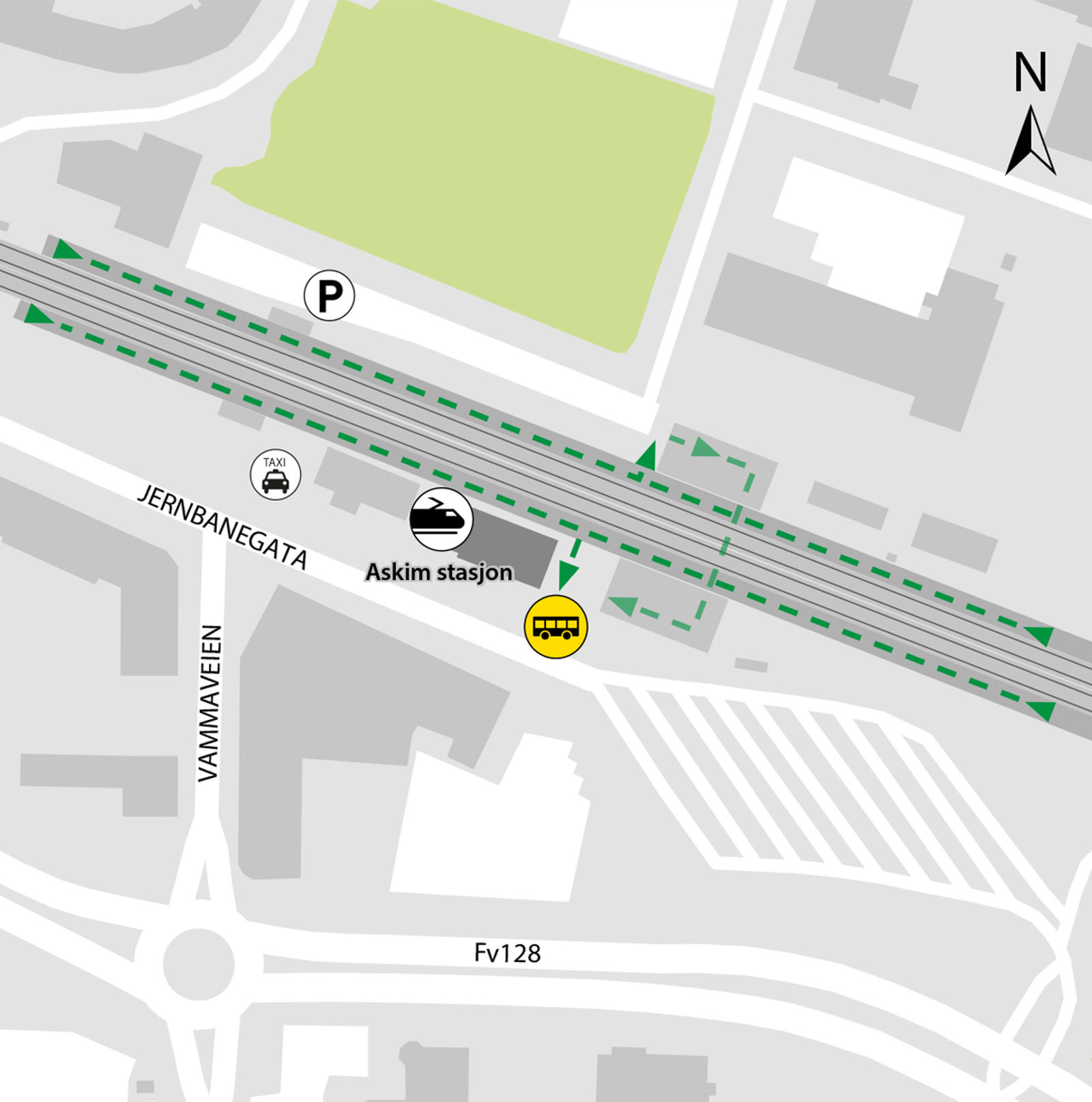 Kartet viser hvor på stasjonen vi setter opp buss som erstatter tog