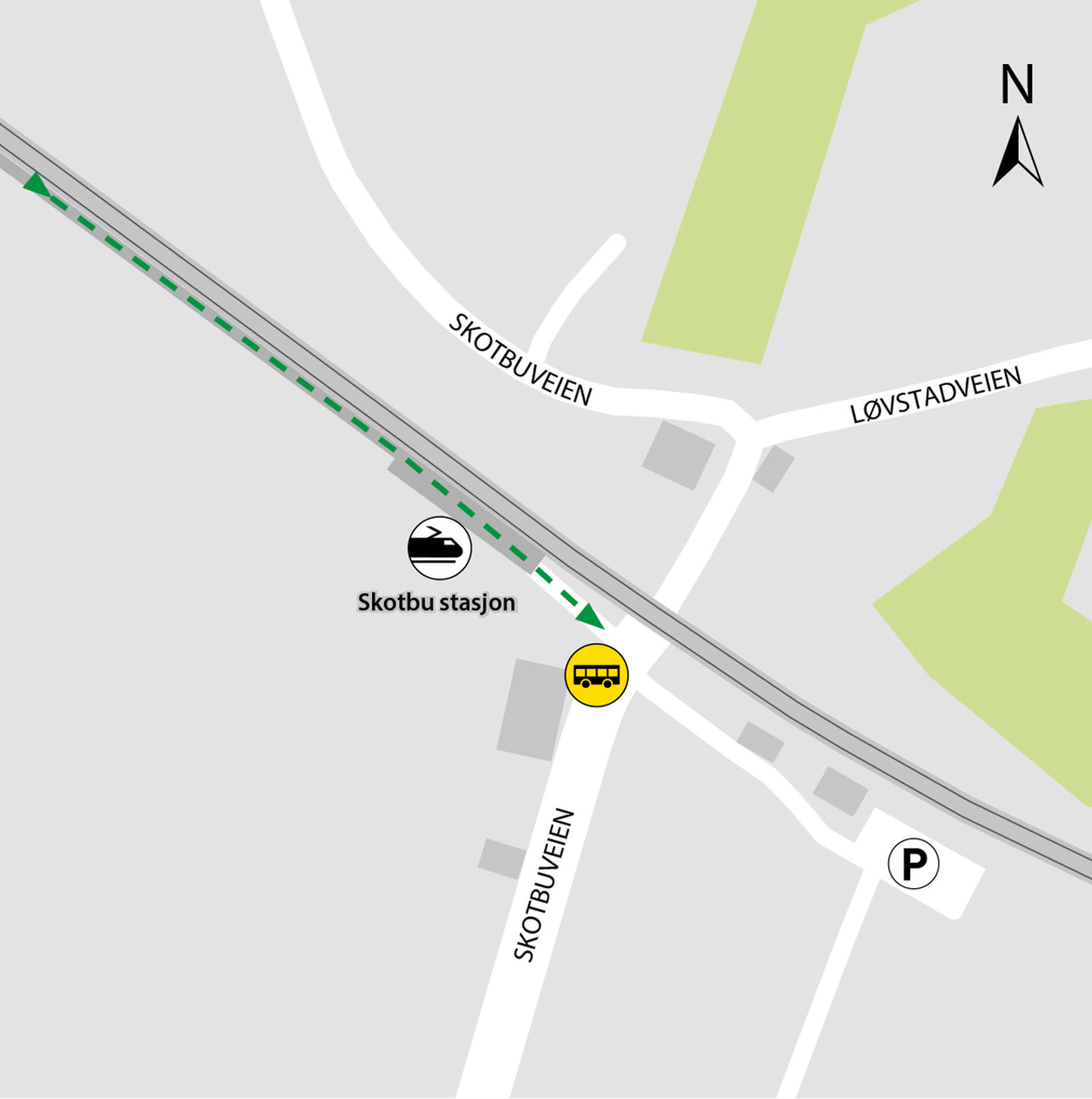 Kartet viser at bussene kjører fra Skotbuveien ved stasjonen.